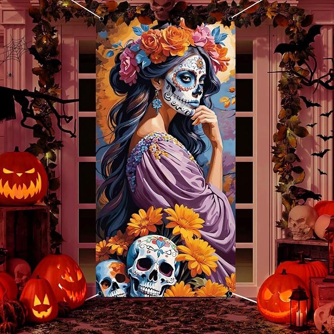 Day of The Dead Door Cover,Dia De Los Muertos Porch Sign Banner,Gothic Halloween Sugar Skull Flowers Mexican Fiesta Party Decorations and Supplies for Home House Outdoor Decor (Multicolor 06) - skull sticker