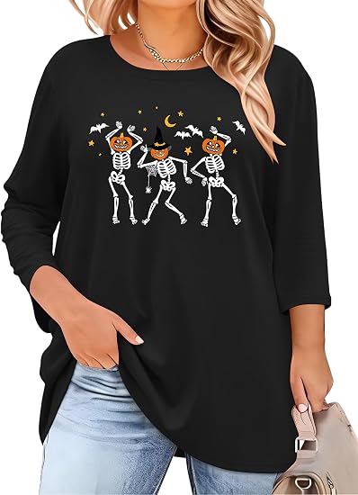 Plus Size Halloween Shirts for Women Dancing Skeleton 3/4 Sleeve Tee Shirt - skull tshirt
