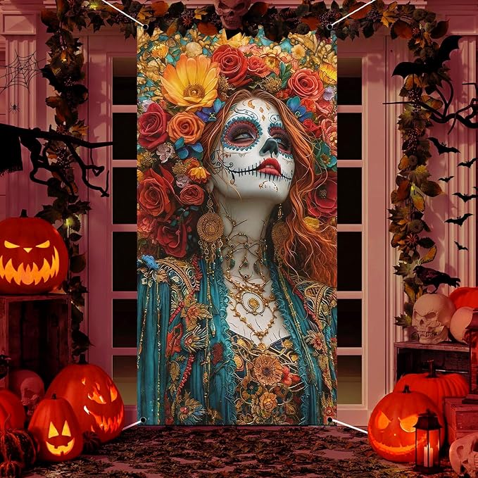 Day of The Dead Door Cover,Dia De Los Muertos Porch Sign Banner,Gothic Halloween Sugar Skull Flowers Mexican Fiesta Party Decorations and Supplies for Home House Outdoor Decor (Multicolor 05) - skull sticker