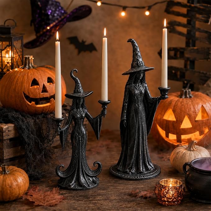 8 Pcs Witch Candle Holder, Resin Halloween Candlestick Decor - skull candle
