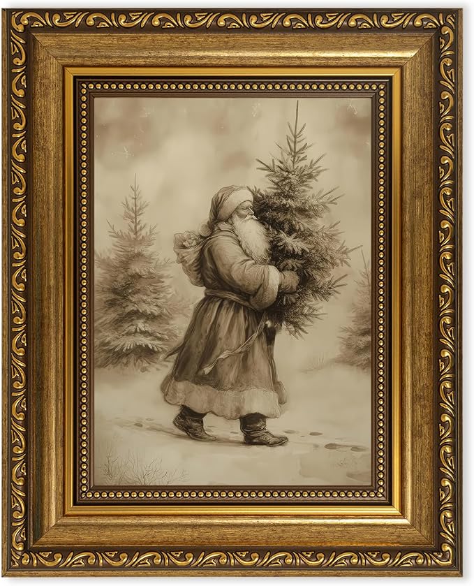 Fantasy Artists Christmas Framed Canvas Wall Art, Vintage Santa Claus Carrying Christmas Tree Gold Frame Print, Classic Holiday Wall Decor for Living Room Bedroom Entryway, Ready to Hang, 8" Wx10 H - skull painting