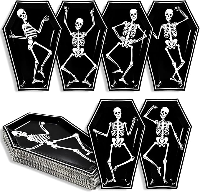 JarThenaAMCS 48Pcs Halloween Coffin Paper Plates, 10 Inch, Skeleton Theme - skull plate