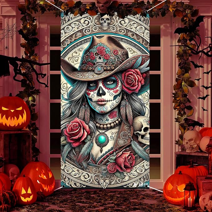 Day of The Dead Door Cover,Dia De Los Muertos Porch Sign Banner,Gothic Halloween Sugar Skull Flowers Mexican Fiesta Party Decorations and Supplies for Home House Outdoor Decor (Multicolor 07) - skull sticker