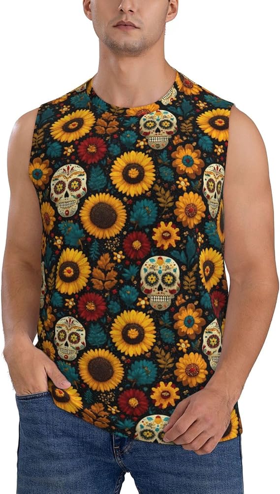 Sugar Skull Print Men's Sleeveless Tank Top,Quick Dry Workout Shirt,Summer Beach Athletic Top- - skull tank tops