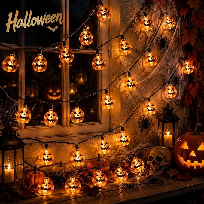Halloween Pumpkin String Lights 40 LED, Warm White Fall Decor with Timer - string light