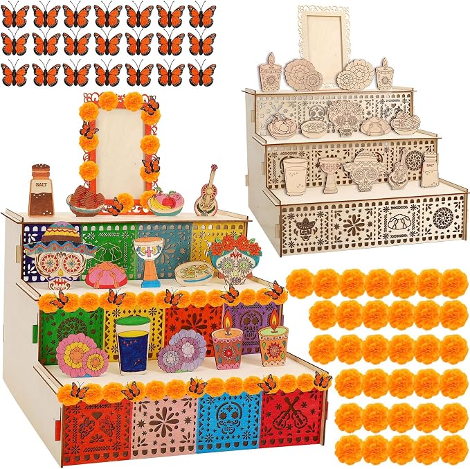 JULMELON Dia De Muertos Altar Kit, 3-Tier Wooden Day of the Dead Ofrenda - skull figurine