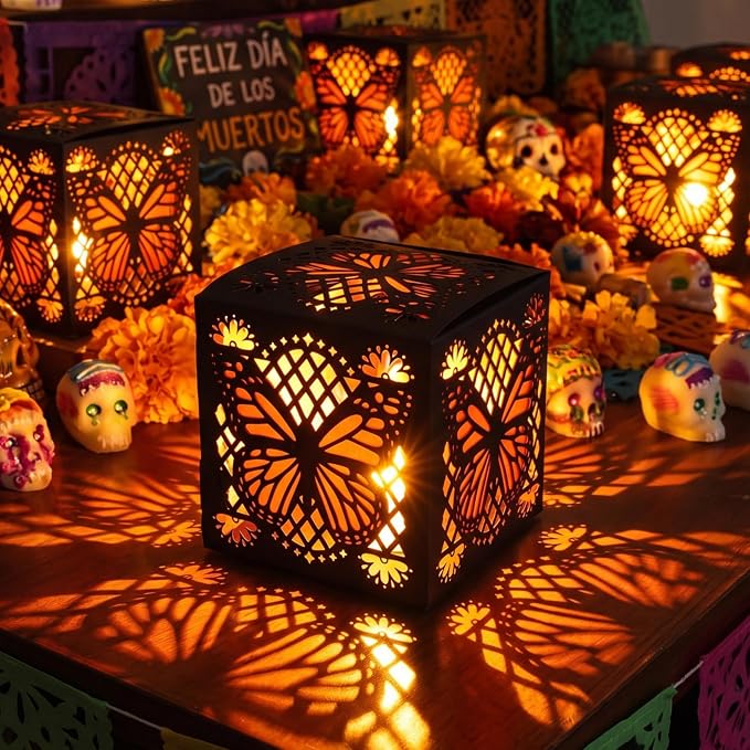Glenmal 30 PCS Day of the Dead Decorations Lanterns Boxes, Hollow Butterfly - skull figurine