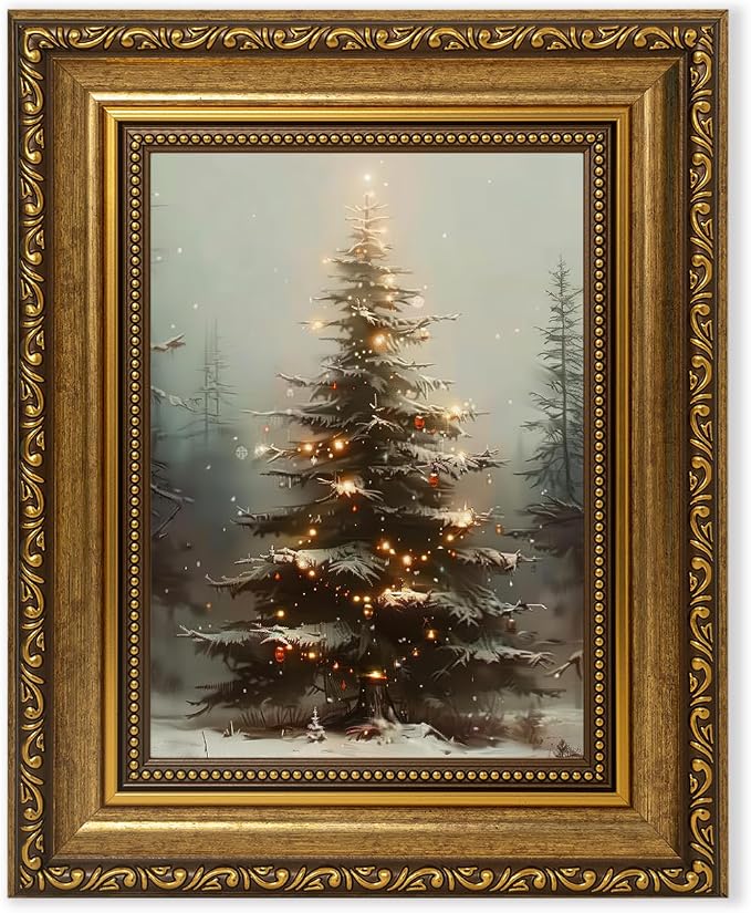 Fantasy Artists Christmas Framed Canvas Wall Art, Lighted Christmas Tree in Snowy Forest Gold Frame Print, Vintage Winter Holiday Decor for Living Room Bedroom Entryway, Ready to Hang, 8" Wx10 H - skull painting