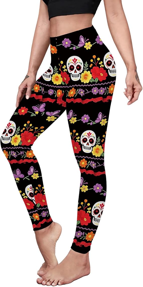 Womens Halloween Leggings Printed Stretchy Leggings Yoga Pants - sugar skull dress