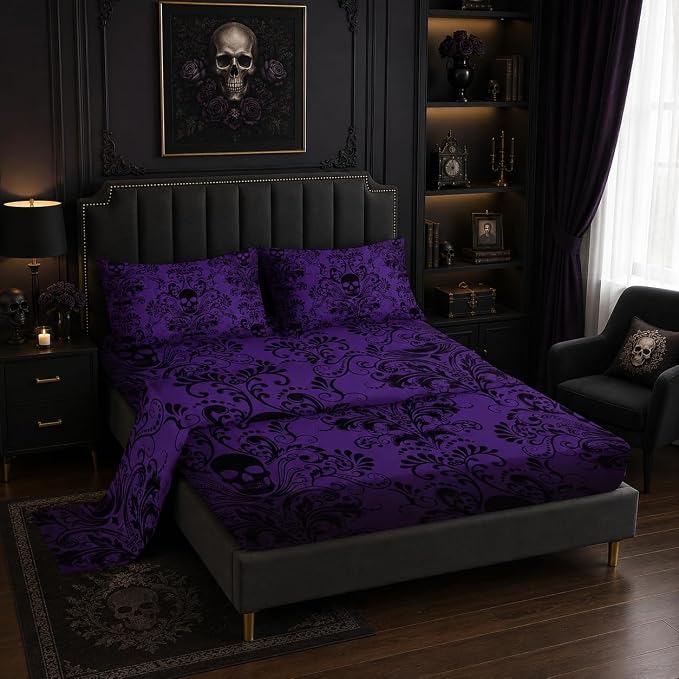 Nttopship Adults Violet Gothic 4 Pieces Bed Sheet Sets Queen Size Vintage Damask Floral Bedding Sets with 16" Deep Pockets Goth Skull Bedroom Decor,Bedding Set 4 PCS(1 Fitted+1 Flat+2 Pillowcases) - skull bedding