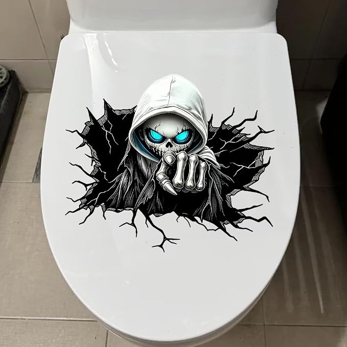 Horror Skull Toilet Sticker Self-Adhesive Halloween Decoration 3D Funny Crack Toilet Seat Cover Decal Waterproof Clown Skeleton Washroom Sticker (Skull) - skull toilet paper
