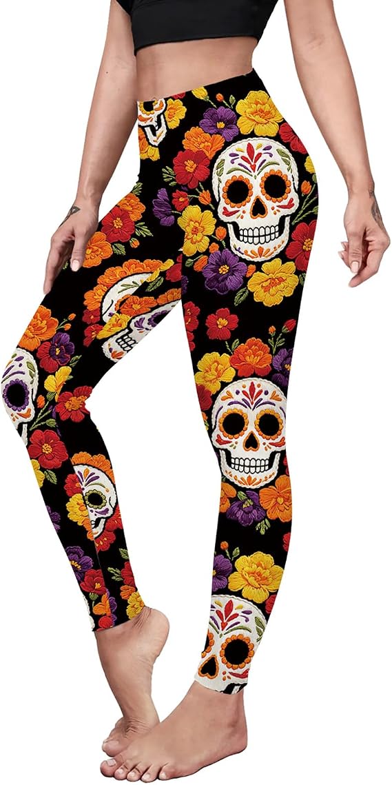 Womens Halloween Leggings Printed Stretchy Leggings Yoga Pants - sugar skull costume