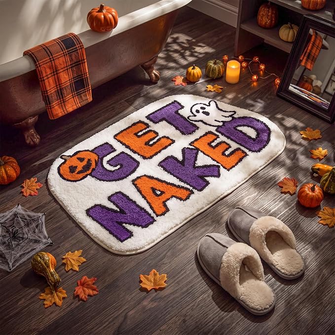 Funny Halloween Bathroom Rug 20″x30″, “Get Naked” Pumpkin Ghost Bath Mat