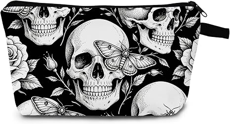 Halloween Skull Makeup Bag Moth Rose Print Gift for Women - skull suitcase
