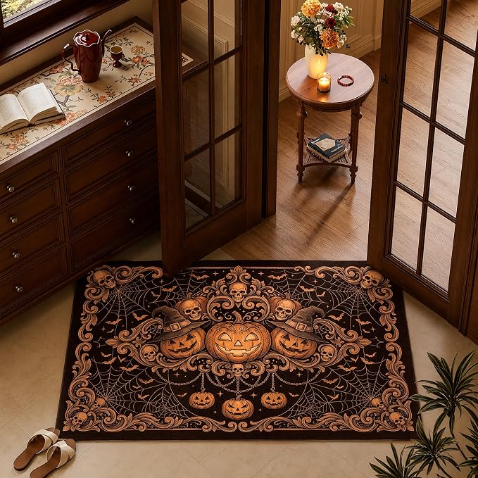 2x3 Halloween Pumpkin Lantern Skull Rug Spider Web Non Slip Floor Mat - skull floor mat