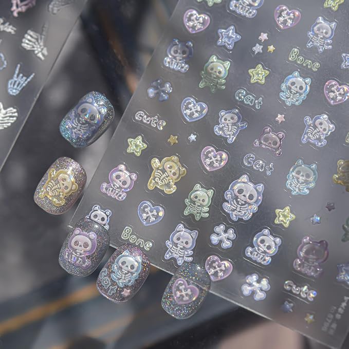 Cute Skull Nail Stickers 3D Hologram Skeleton Nail Art Stickers Decals Halloween Nail Art Accessories Self-Adhesive Gothic Cartoon Design Nail Decorations for Halloween Party Manicure Supplies - skull sticker