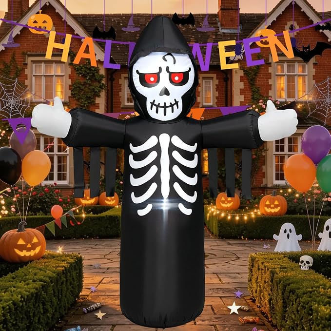 InfleasJoiy5FT Reaper Outdoor Inflatable Decoration with Built-in LED Lights, Perfect for Indoor and Outdoor Halloween Themed Parties.