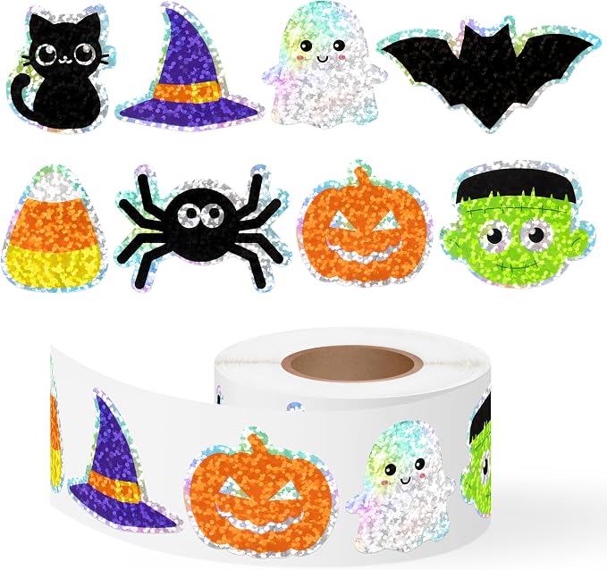 500Pcs Holographic Halloween Stickers Roll Bulk Glitter DIY Crafts for Kids - skull sticker