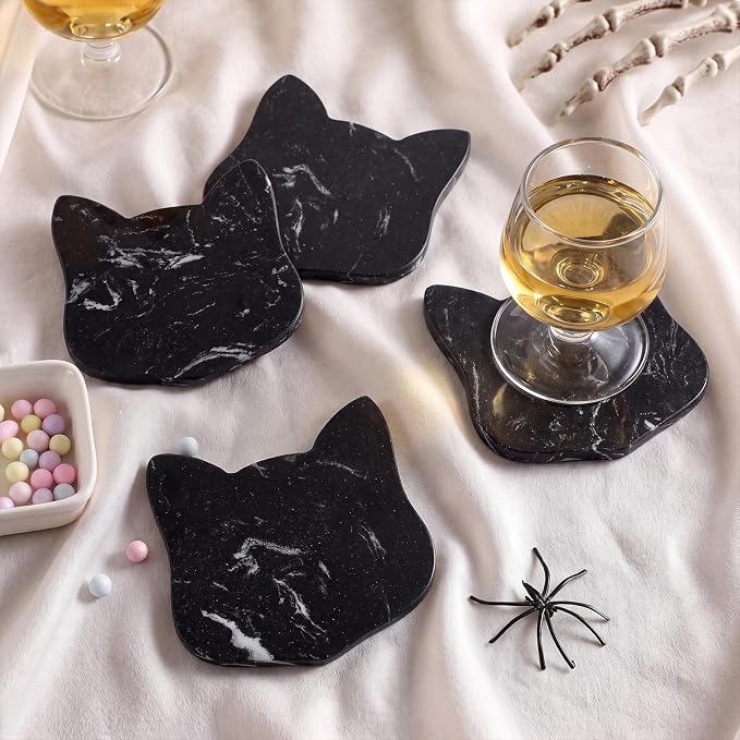 4 Pcs Marble Coaster Halloween Black Cat Drink Coasters - skull coaster