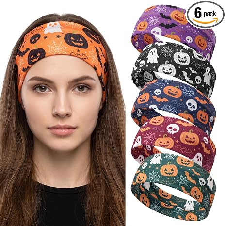 6 pcs Halloween Headbands for Women Pumpkin Bat Stretchy Hair Bands - skull headband