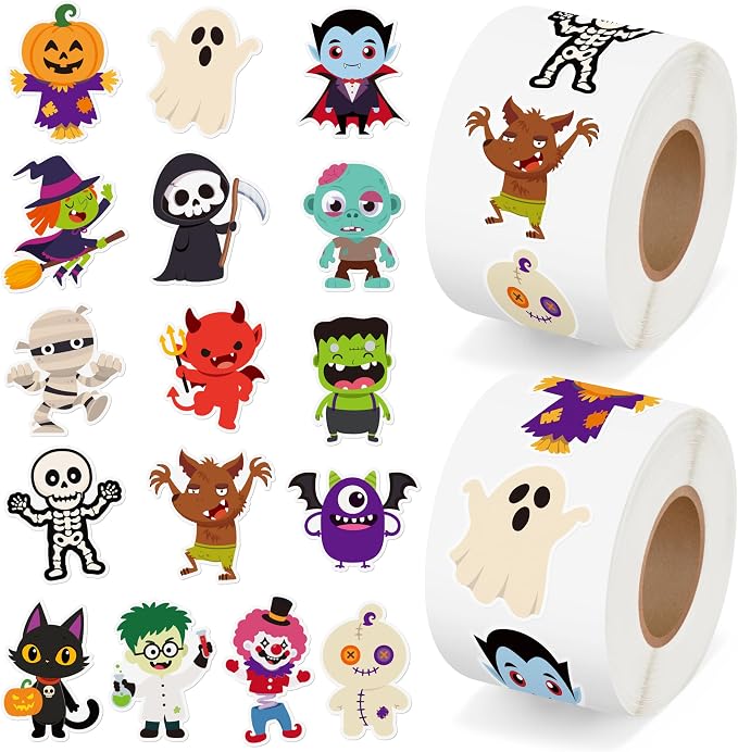 H1vojoxo Halloween Cute Sticker Rolls - Cartoon Halloween Character Sticker - skull sticker