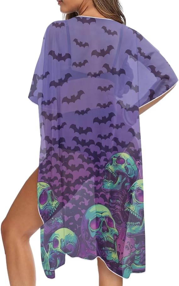 Women's Swimsuit Cover Up Kimono Cover Up Cardigan Short Sleeve Bathing Suit Summer Beach Cardigan - skull swimsuit