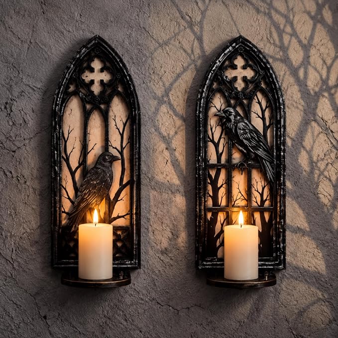 Havawish 2 pcs Gothic Wall Candle Sconces Halloween Crow Wall Mounted Candelabra Holder with Removable Tray Hook for Taper Pillar Candles Cathedral Medieval Vintage Home Decoration - skull candle
