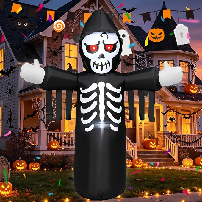 HZGDEJTG 5FT Death Inflatable Outdoor Decoration, with Built-in LED Light, Suitable for Indoor and Outdoor lawns, Parties, and Gardens. - skull inflatable