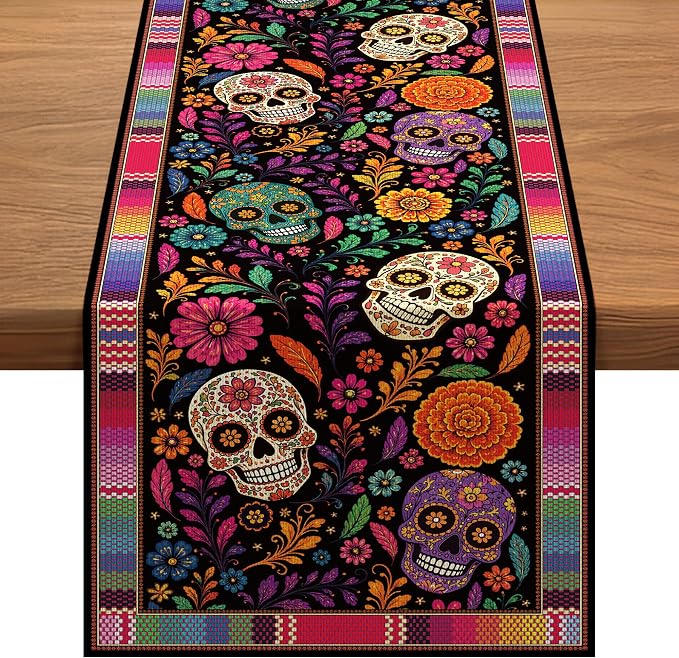 Dia De Los Muertos Decoration, Sugar Skull Day of the Dead Table Runner - skull carpet