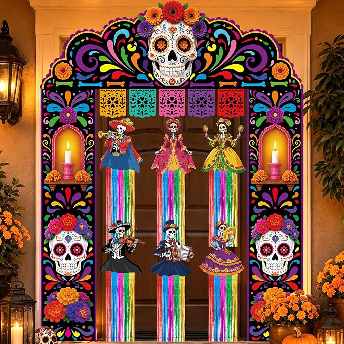15Pcs Day of the Dead Door Decorations Sugar Skull Door Banners - skull door mat