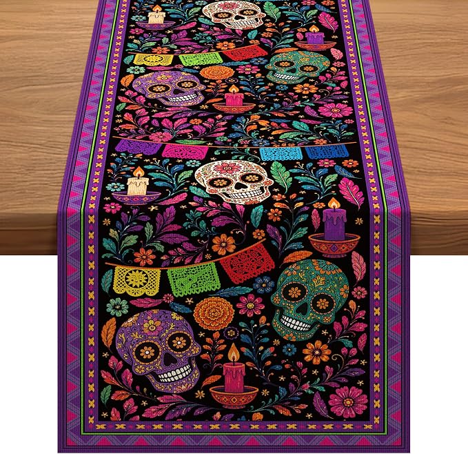 Day of the Dead Decoration, Sugar Skull Dia De Los Muertos Table Runner