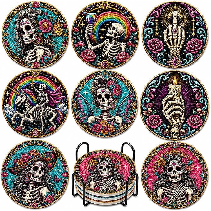 DIY Diamond Art Coasters Kit 8 Pack Gothic Skull Coasters with Holder - skull coaster