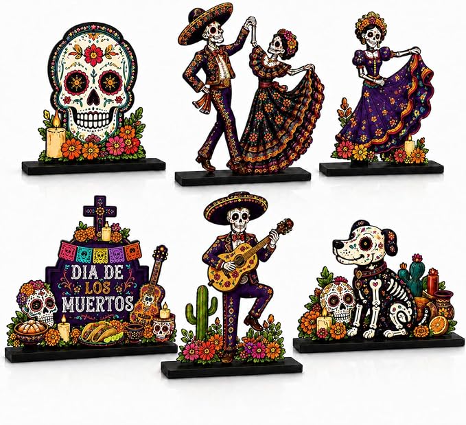 6 Pcs Day of the Dead Centerpieces, Wooden Sugar Skull Table Decor - skull figurine