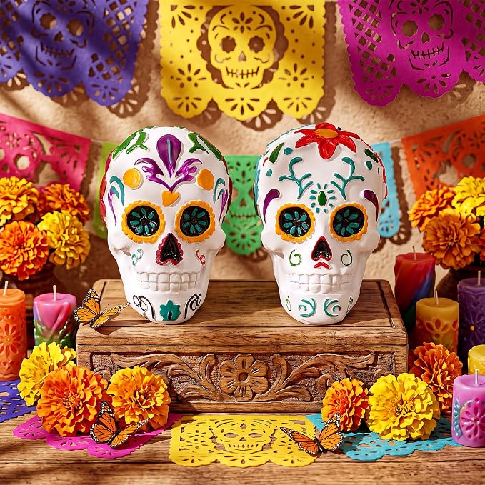 Novabright 2 Pcs Day of The Dead Sugar Skull Decor, Skull Resin Figurine - skull figurine