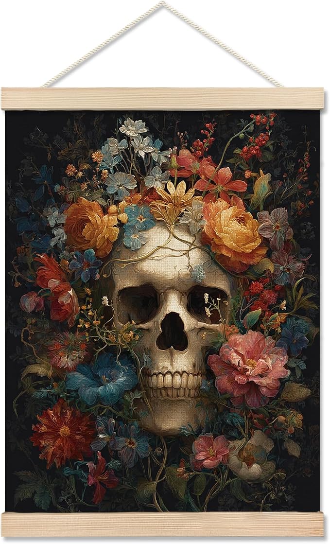 HOXUNQINA Dark Floral Gothic Skull Print Wall Art Decor, 12x16in - skull wall art