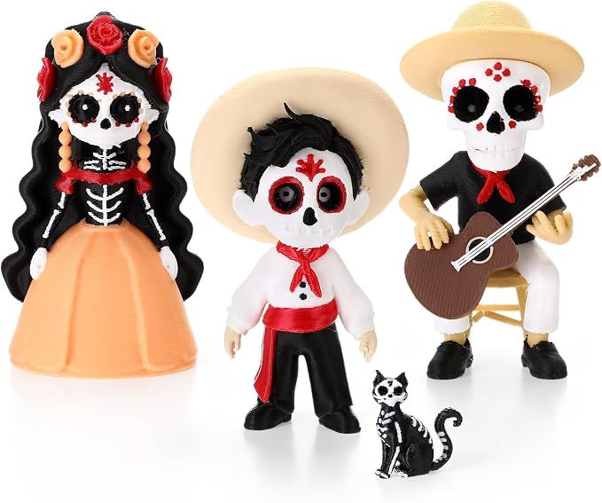 Novabright 4 Pcs Dia De Los Muertos Figurines, 3D Printed Skeleton Set - skull plate
