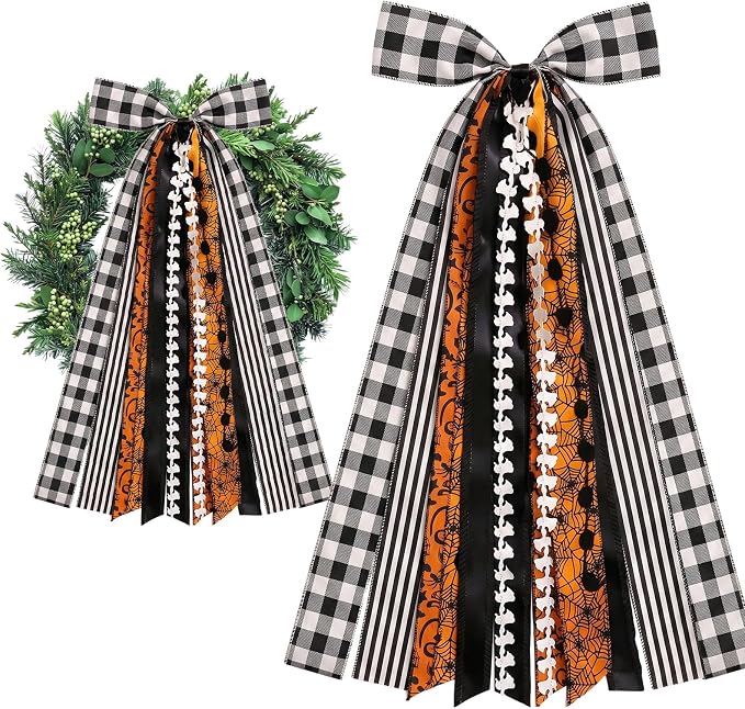 Large Halloween Ribbon Bow for Wreath, Orange Black Dot Ghost Spider Web Fabric Ribbons Set Assorted Black White Plaid Clip-On Wreath Sash Ribbon Bundle for Halloween Home Indoor Outdoor Decor