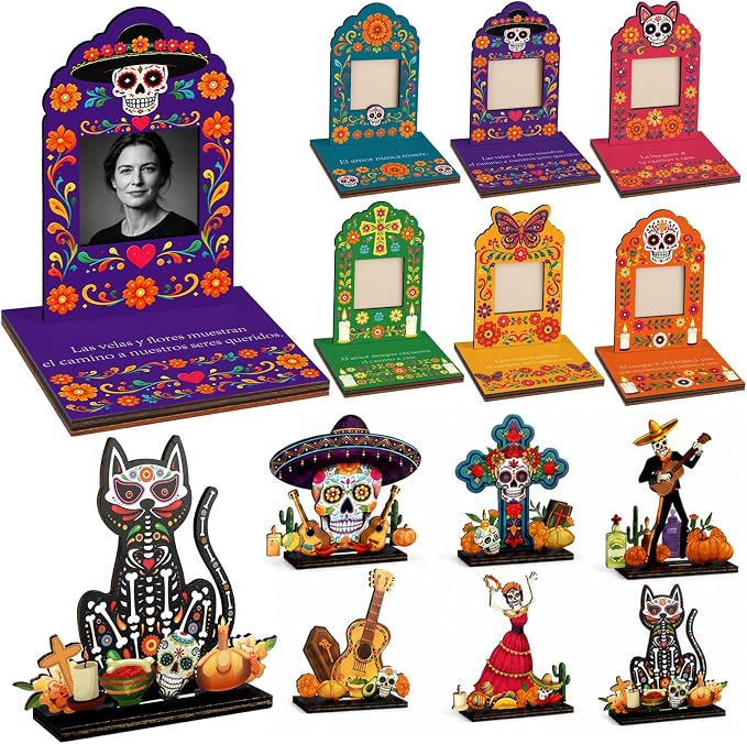 12 Pcs Dia De Los Muertos Picture Frames Altar Decor &Table Top Decorations - sugar skull ornament