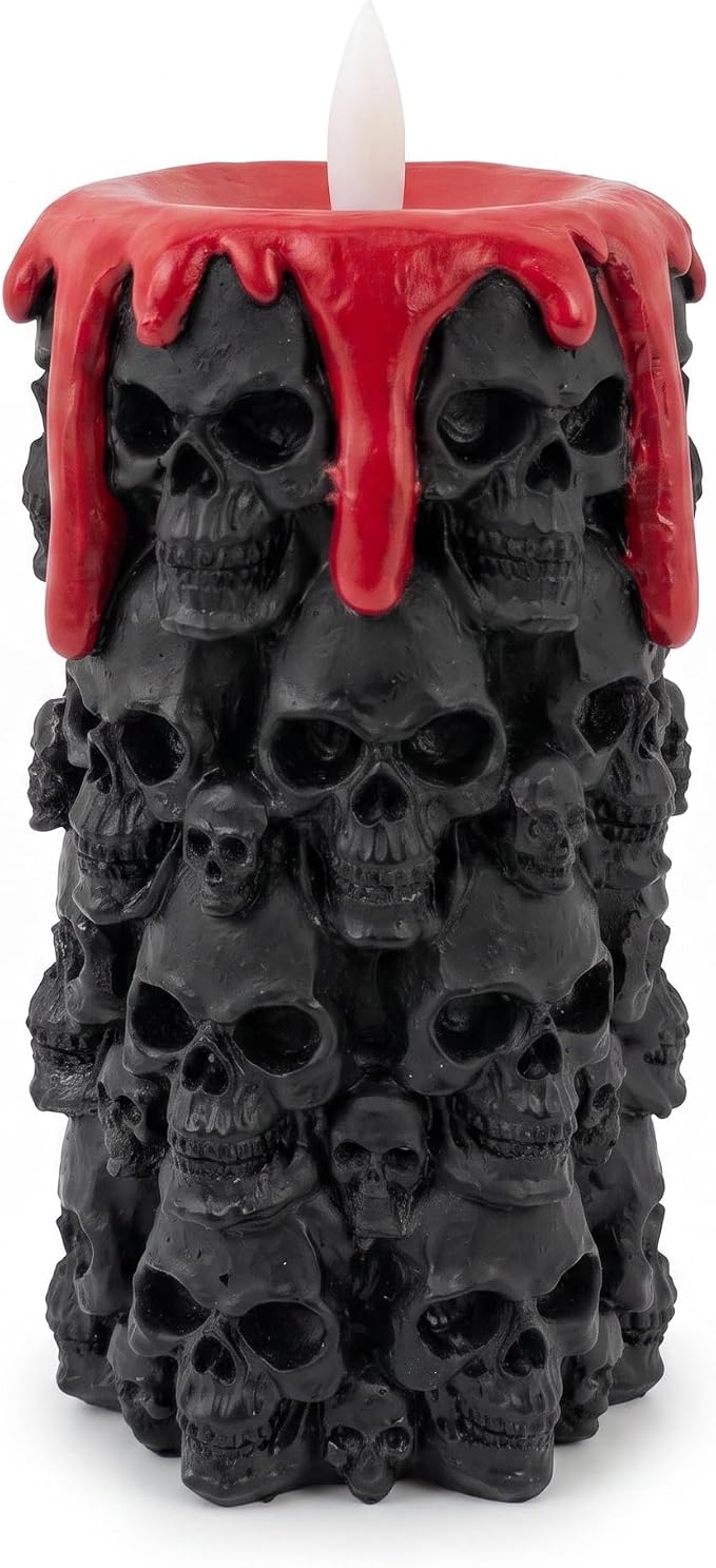 Halloween Flameless Candle Black Resin Skull Led Pillar Candle - skull candle