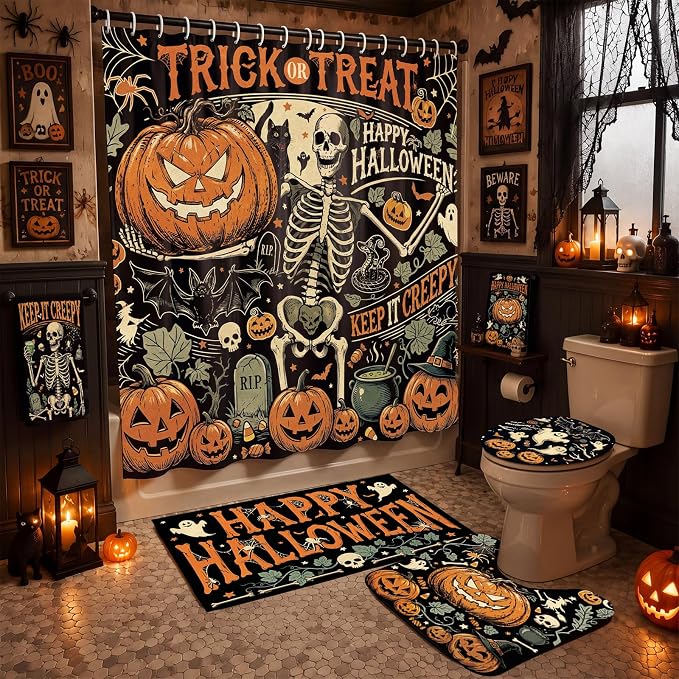 8 Pcs Halloween Shower Curtain Set Vintage Trick or Treat Bathroom Decor - skull toilet mat
