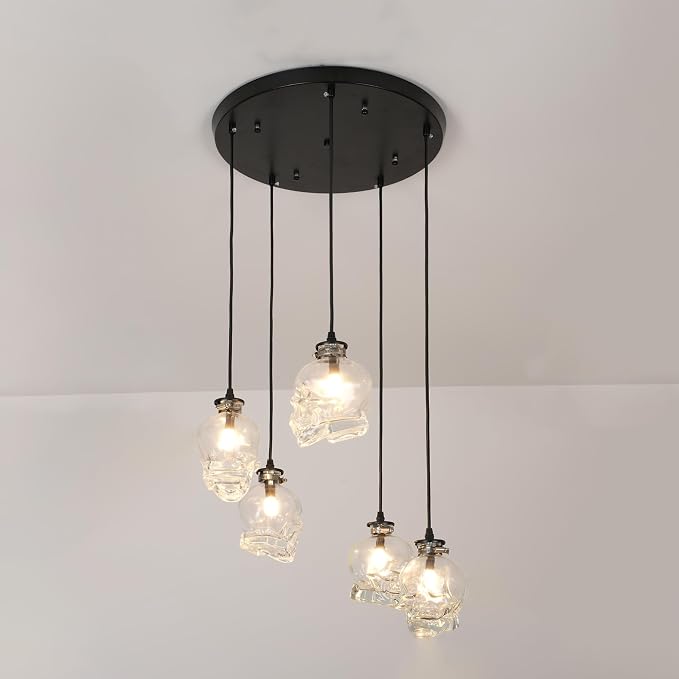 5-Light Skull Shaped Glass Chandelier, Industrial Pendant Light