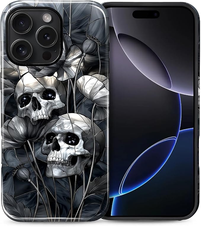 for iPhone 16 Pro Max Case,Hybrid 2 Layer Hard Shell Silicone Protective Case - Black Flower Skull - Scratch Resistant Shockproof Cover - Skull phone case