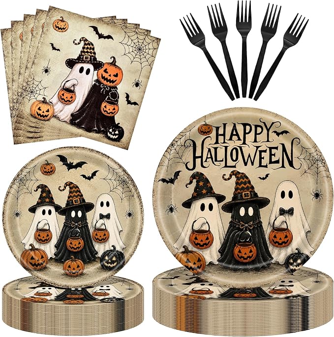 96 Pieces Halloween Tableware Set – Ghost Disposable Plates, Napkins, and Black Forks for Halloween Party, Haunted House, Trick or Treat and Spooky Celebrations – Serves 24 Guests - skull plate