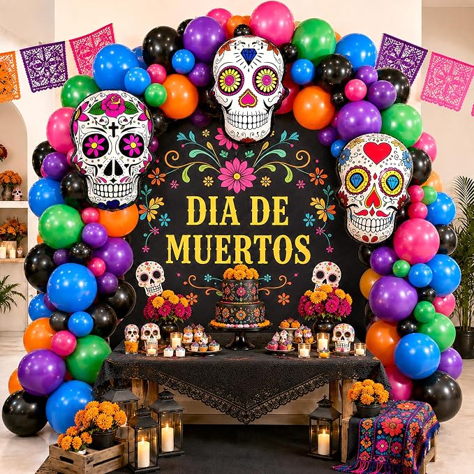 93pcs Day of the Dead Balloons Arch Mexican Fiesta Kit Sugar Skull Balloons - skull inflatable