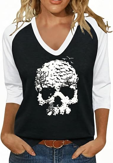 Womens Fall Halloween Thanksgiving Color Block V Neck Shirt - skull tshirt