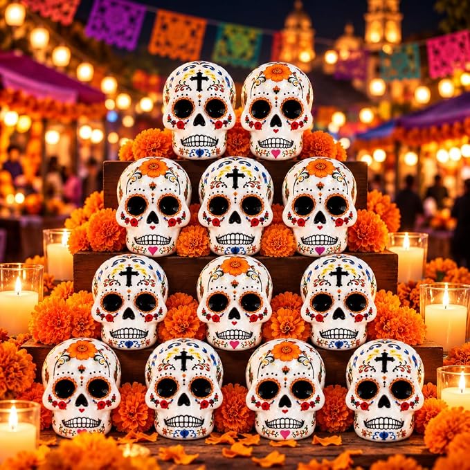12 Pcs Day of the Dead Sugar Skull Mini Figures for Ofrenda Decor - skull sticker