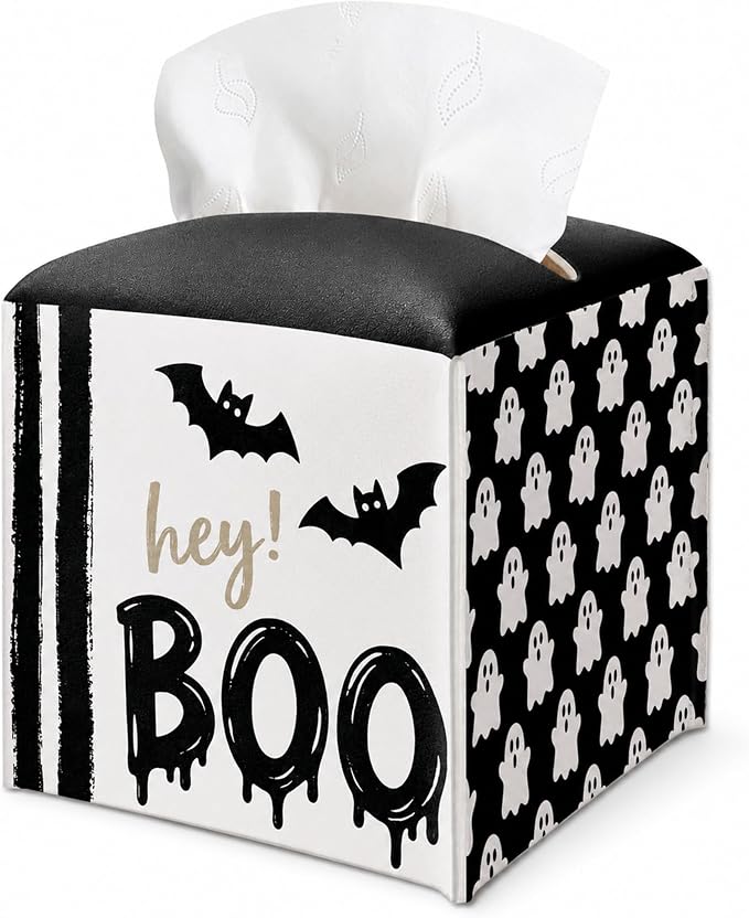 Halloween Tissue Box Cover Square - Hey Boo - Halloween Party Decorations. - skull toilet paper