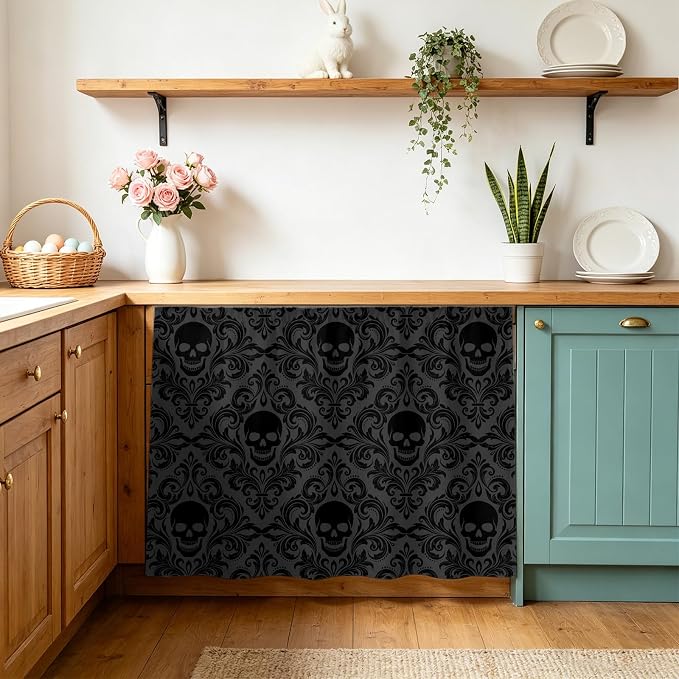 Black Skeleton Cabinet Curtain 28"Wx35"L,Dustproof Under Sink Skirt with Self Adhesive Tape,Light Blue Horror Skull Vintage Chic Art Cabinet Curtain Cover for Bathroom Vanity,Kitchen Sink,Laundry Room - skull sticker