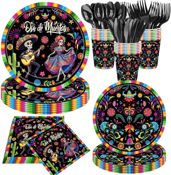 140Pcs Day of the Dead Party Decorations Sugar Skull Paper Plates and Napkins, Mexican Inspired Fiesta Plates for Dia de los Muertos Party Supplies, Family Gathering and Cultural Events, Serve 20 - skull plate