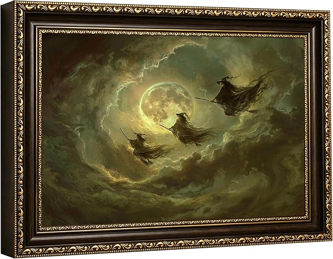 Framed Halloween Flying Witch Canvas Wall Art - skull painting